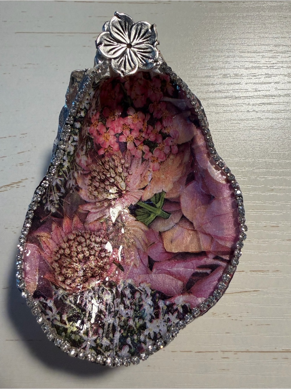 Beautiful handmade pink floral decoupage oyster trinket dish